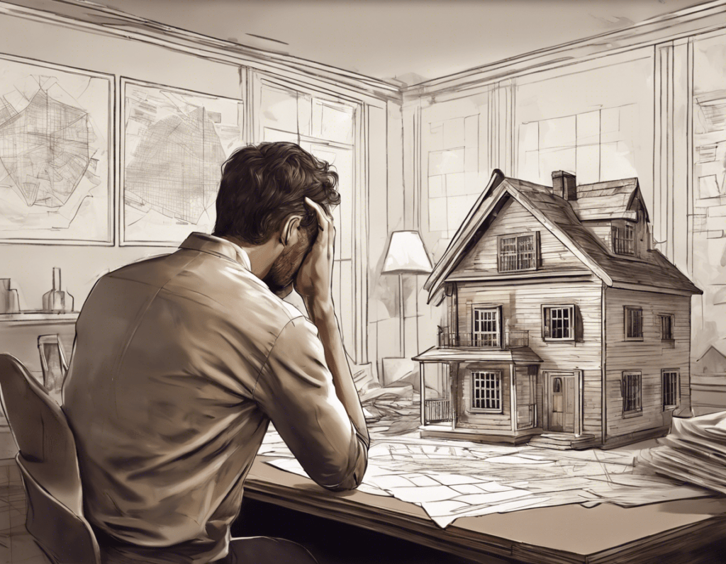 obespokoenyj_chelovek_smotrit_na_model_doma_na_fone_finansovyh_grafikov банкротство, списать долги